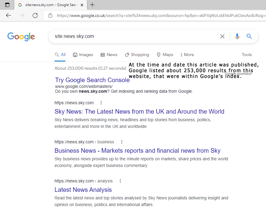 Screenshot showing Google search results from Sky News
