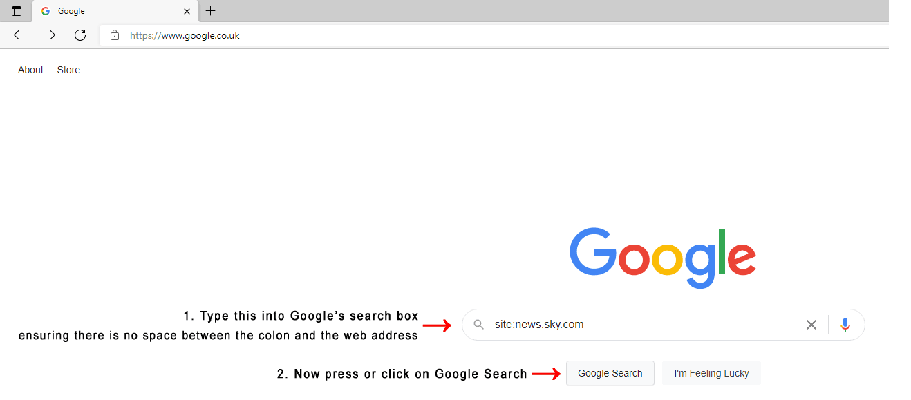 Graphic showing steps required so that you can search websites without a search box