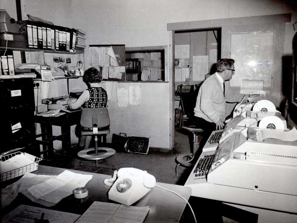 Telex room at the Farraline Park (Temporary) Police Station, Inverness in 1975.