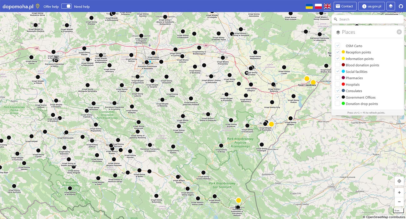 External link to map of help points for Ukrainians in Poland