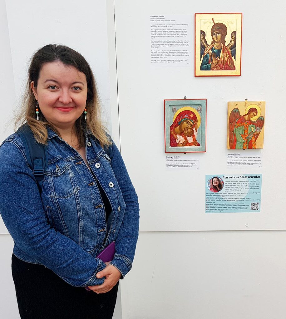 Yaroslava Matvieienko with her iconography artworks.