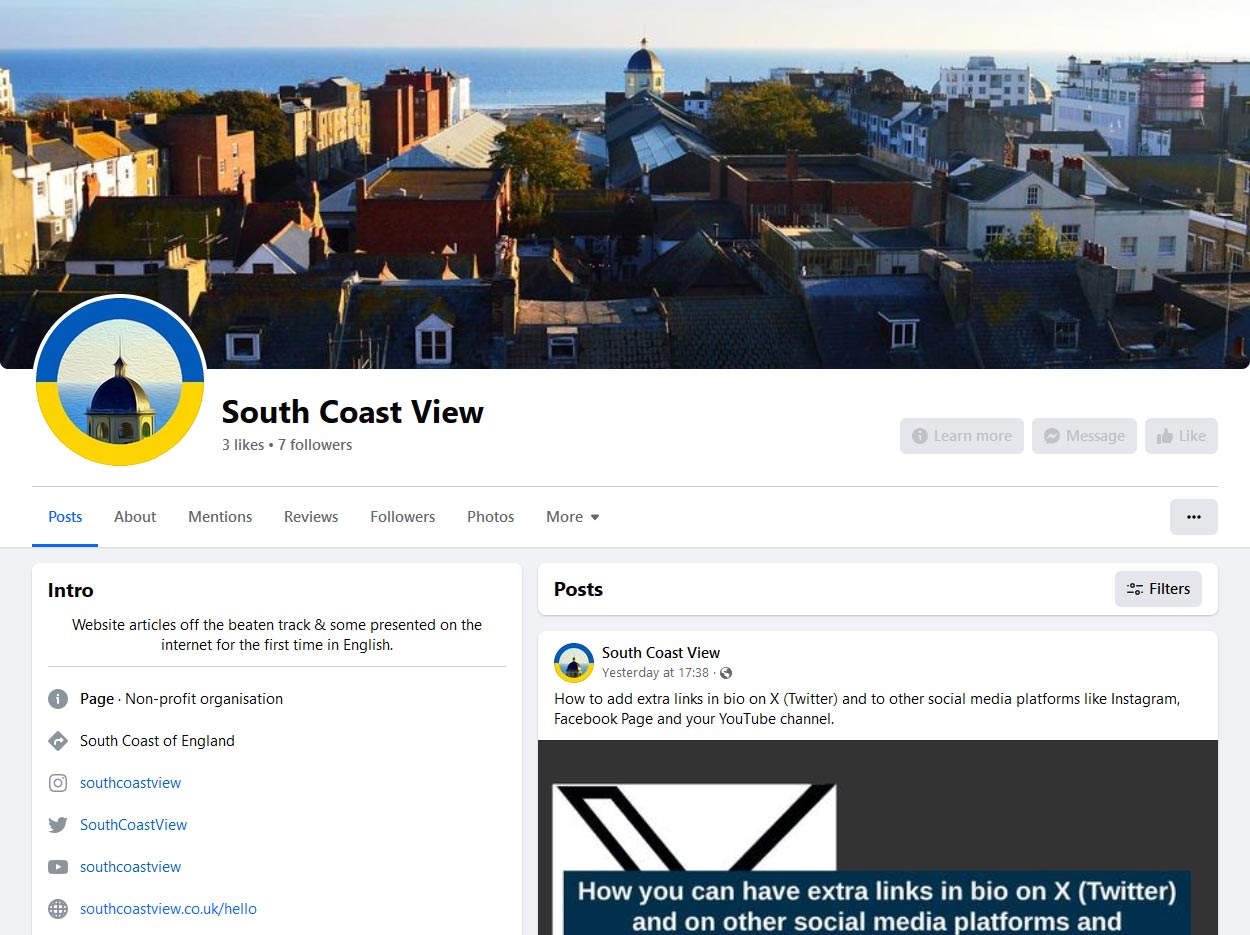 Screenshot of South Coast View's Facebook page showing all the links in bio.