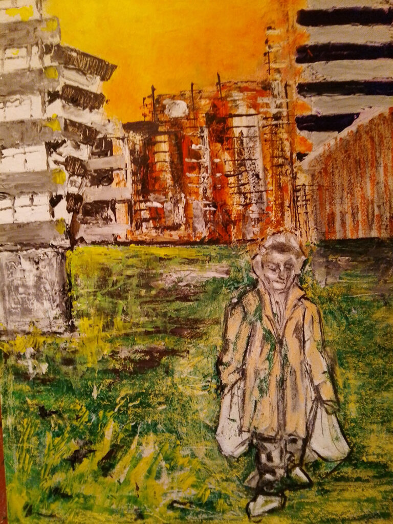 A man carrying shopping on a bleak council estate. Acrylic on board.