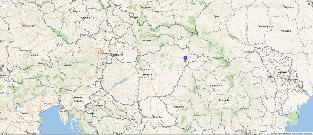 Map showing the location of Nyírbogát, Hungary, where much of documentary about Hungarian electoral fraud was filmed.