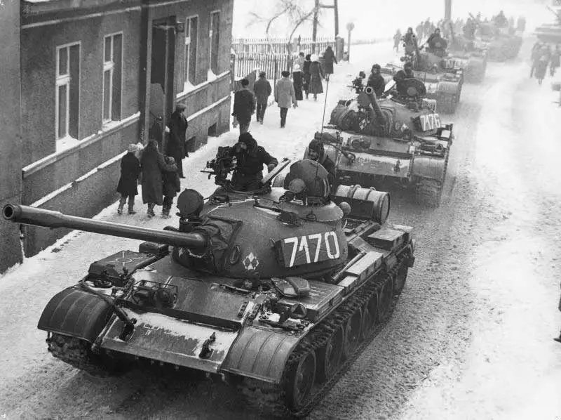 Tanks on the streets of Zbąszyń during Martial law in Poland.