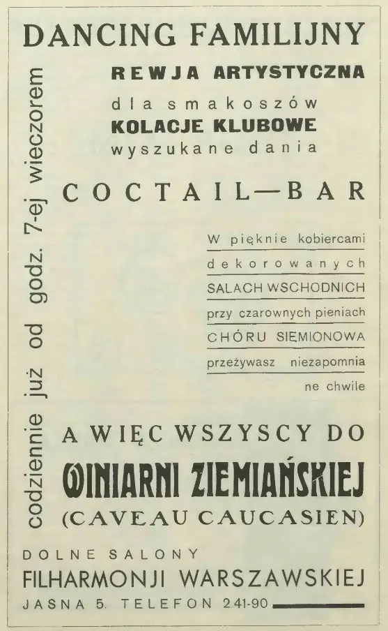 Advertisement for the Winiarnia Ziemiańska aka Caveau Caucasien Advertisement for the Winiarnia Ziemiańska aka Caveau Caucasien.